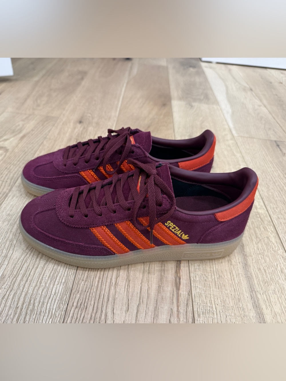 NWOT adidas Spezial Sneakers in Burgundy with Orange Stripes / Virginia Tech 7.5
